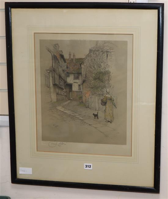 Cecil Aldin, colour print, Woman and cat on a lane, signed in pencil, 45 x 36cm